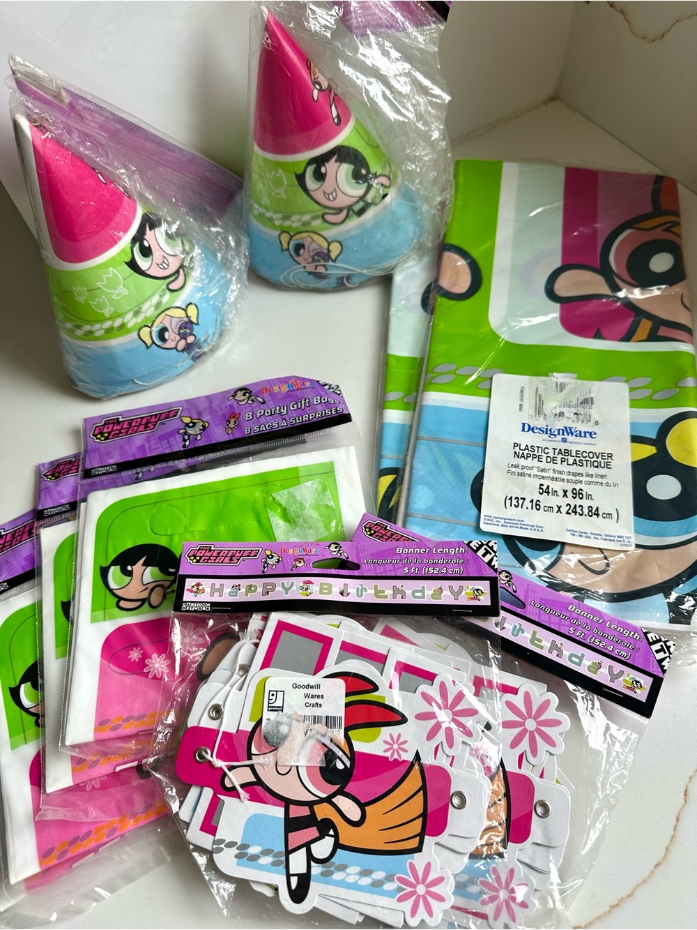 Powerpuff Girls Party Supplies Lot Vintage Hats Bags, Banner, Tablecover NWT